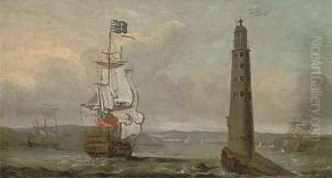 A British man-o'war running past the Eddystone lighthouse by Peter Monamy