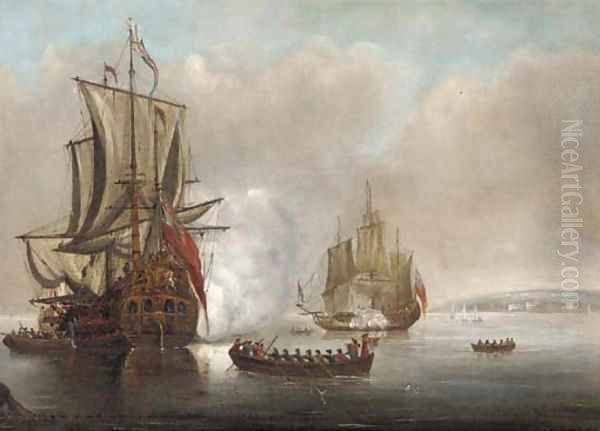 The flagship arriving with a frigate saluting off to starboard - view 1