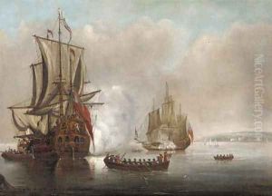 The flagship arriving with a frigate saluting off to starboard