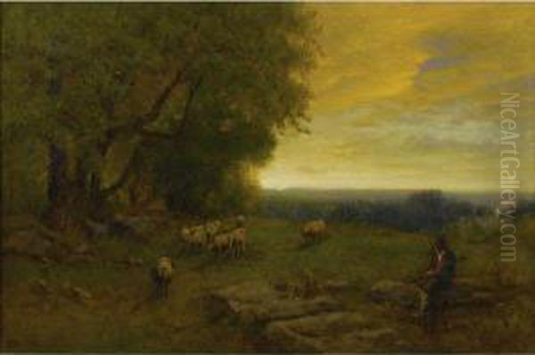 Shepherd And Flock At Sunset - view 1