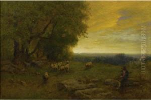 Shepherd And Flock At Sunset