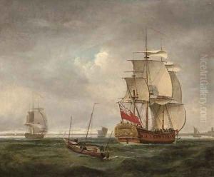 An English frigate coming into port and making ready to anchor by Peter Monamy