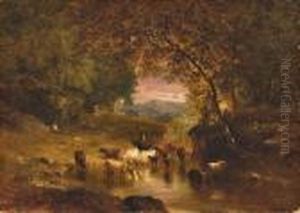 Landscape With Cattle And Drover By A Stream by George Inness