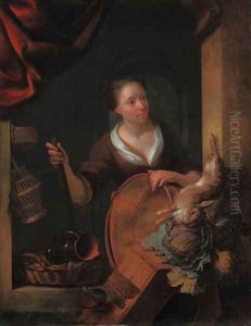 A kitchen maid before a niche, with a copper basin, a dead hare, a cabbage, a hutch and other objects