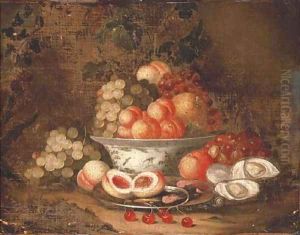 Grapes, peaches and a pomegranate in a blue and white porcelain bowl by Thomas Mertens