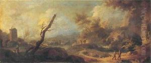 An extensive Italianate river landscape with travellers on a track by Alessio De Marchis