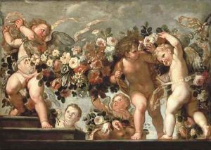 Putti with festoons of roses