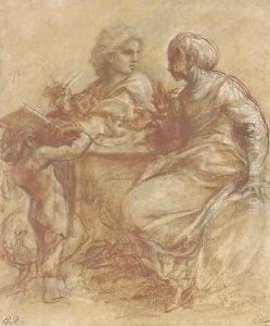A seated man writing on a tablet, turning back to a woman