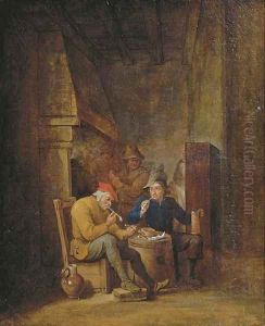 Peasants smoking and drinking in an interior by Cornelis Mahu