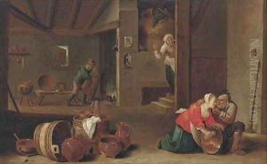 A kitchen interior with peasants by Cornelis Mahu