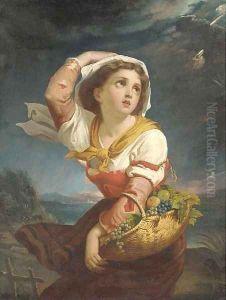 A girl with a basket of fruit, a storm approaching