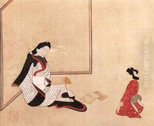 Beauty and attendant by Hishikawa Morofusa