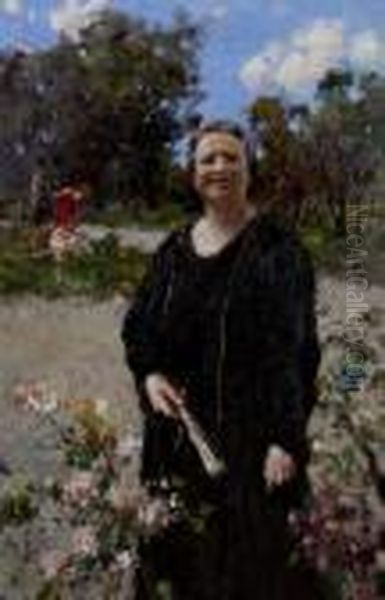 Signora Con Ventaglio E Bambini Che Giocano In Un Giardino Fiorito - view 1