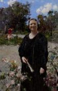 Signora Con Ventaglio E Bambini Che Giocano In Un Giardino Fiorito by Irolli Vincenzo