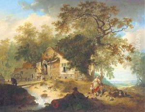 A wooded river landscape with peasants resting by a cottage by Hendrik Meijer