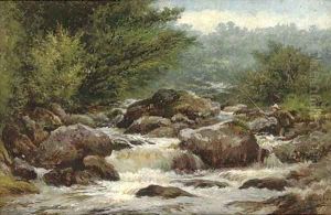 An angler on the rocks of Dulyn by Henry Measham