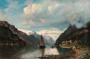 A sailing boat in a rocky fjord landscape by Morten Muller