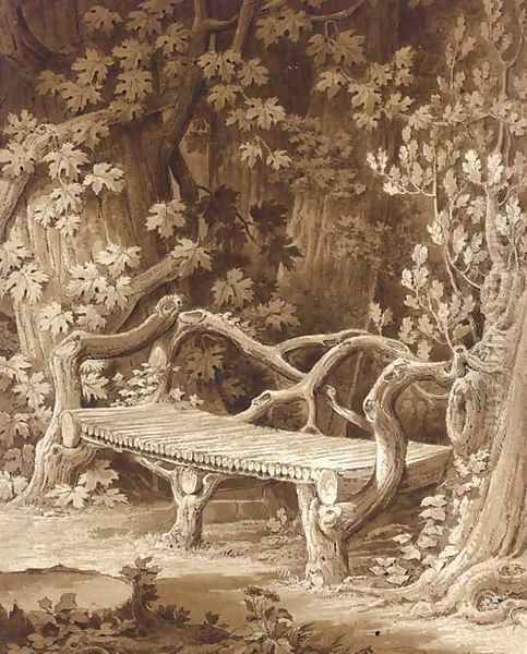 A rustic bench built of roots set among trees - view 1