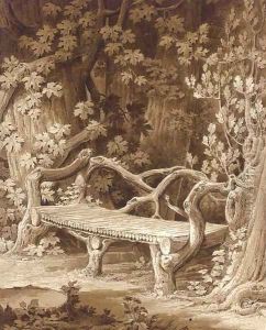 A rustic bench built of roots set among trees by Amelie Munier-Romilly