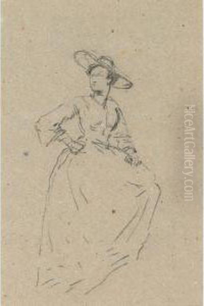 A Lady In A Wide Brimmed Hat (two Views, A Double-sideddrawing) - view 1