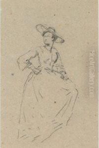 A Lady In A Wide Brimmed Hat (two Views, A Double-sideddrawing) by Eugene Isabey