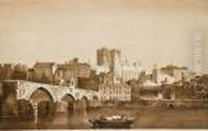 Vue Du Palais Des Papes D'avignon Depuis Les Rives Du Rhone by Eugene Isabey