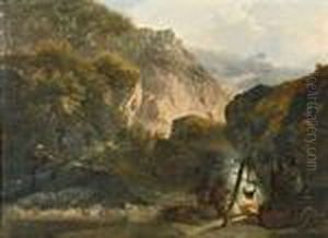 Gebirgslandschaft, Im Vordergrund Frauen Um Einlagerfeuer