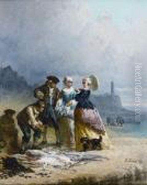 Pecheur Montrant Son Poisson A Un Seigneur Et Deux Dames Sur La Plage - view 1