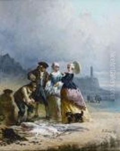 Pecheur Montrant Son Poisson A Un Seigneur Et Deux Dames Sur La Plage by Eugene Isabey