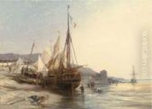 Fishing Boats On The Beach At Low Tide by Eugene Isabey