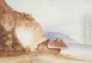A Boat On A Seashore Line By Cliffs by Eugene Isabey