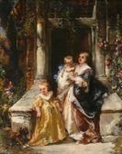 Mother With Two Children And A Dog by Eugene Isabey