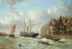 Vessels Before A French Harbour Town by Eugene Isabey