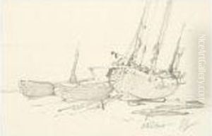 Fishing Boats On The Beach At Etretat by Eugene Isabey