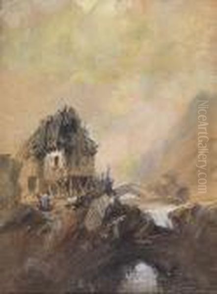 River Landscape With A Cottage And Two Figures - view 1