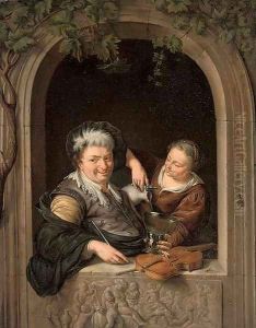 A musician being served wine at a casement with a sculpted relief of The Triumph of Bacchus by Willem Van Mieris Leiden