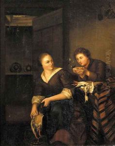 A Vanitas A man courting a maid in an interior by Willem Van Mieris Leiden