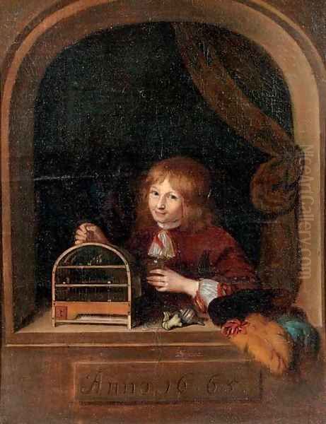 A boy in a feigned niche holding a cage with a song bird - view 1