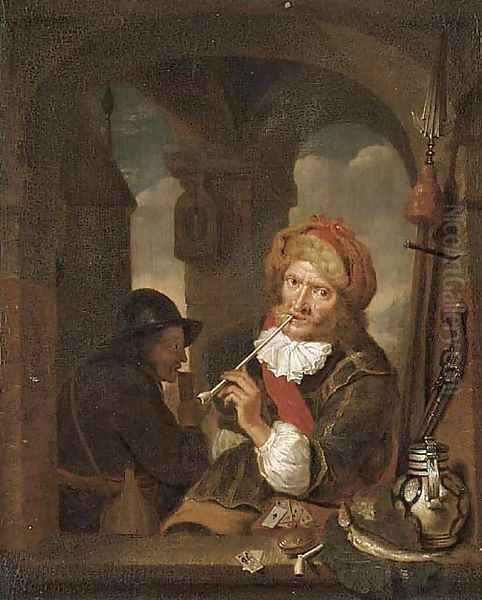 A cavalier smoking and playing cards at a window - view 1