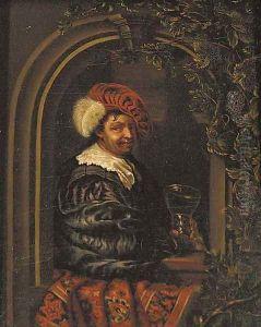 A drinker holding a roemer at a stone niche