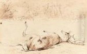 A Wounded Stag In The Woods, A Hunter In The Distance by Jean-Baptiste Isabey