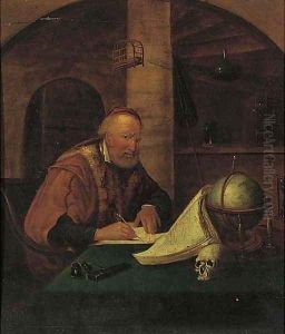 A man playing a violin at a window; and a philosopher in his study