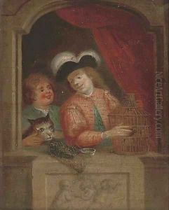 A man and a boy with a caged bird at a casement; and Three children at a casement A man and a boy with a caged bird at a casement; and Three children at a casement