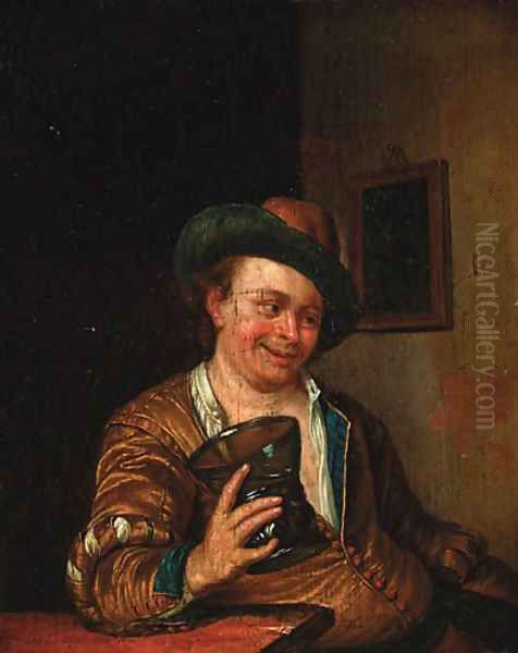 A peasant man holding a large roemer at a table in an interior - view 1