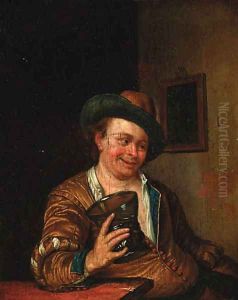 A peasant man holding a large roemer at a table in an interior