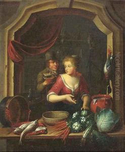 A woman cleaning vegetables and fish by a window, a man holding a birdcage nearby A woman cleaning vegetables and fish by a window, a man holding a birdcage nearby