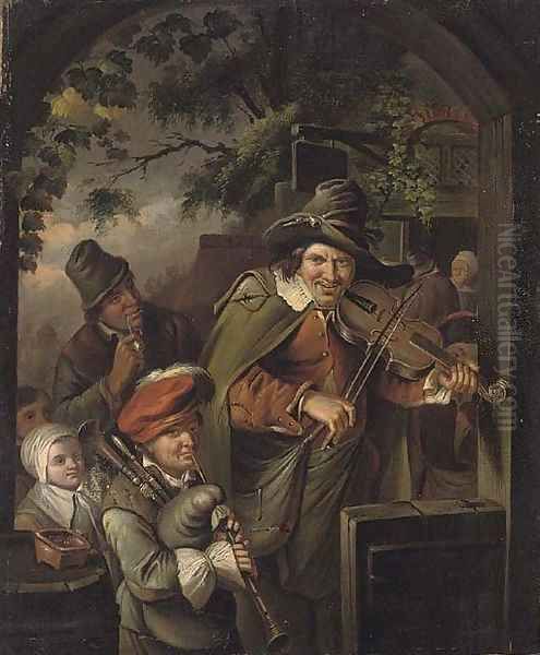 Musicians at the entrance to an Inn - view 1