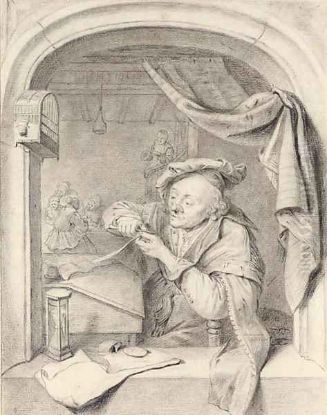 A scholar sharpening his quill at a casement, girls in a schoolroom beyond, after Gerrit Dou - view 1