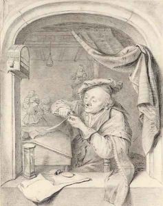 A scholar sharpening his quill at a casement, girls in a schoolroom beyond, after Gerrit Dou by Willem Van Mieris Leiden