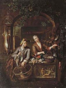 Poultry sellers in a arched window above a carved relief